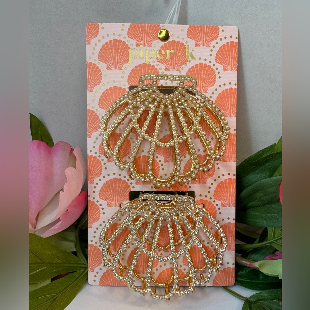 Gorgeous Piper K Gold Pearl and Crystal Shell Hair Clips